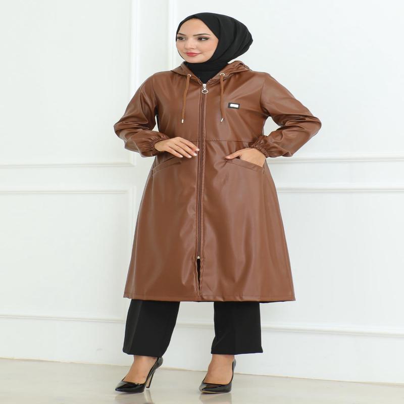 Leather Detailed Coat Tan 19213