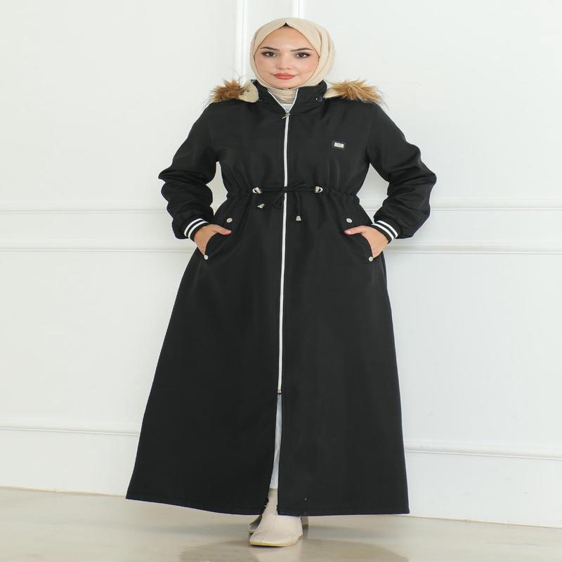 Ribbed Coat With Tie At Waist, Black 19215