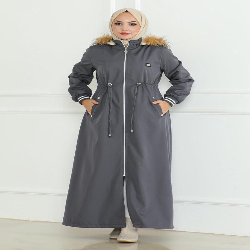 Ribbed Coat With Tie At Waist, Gray 19215