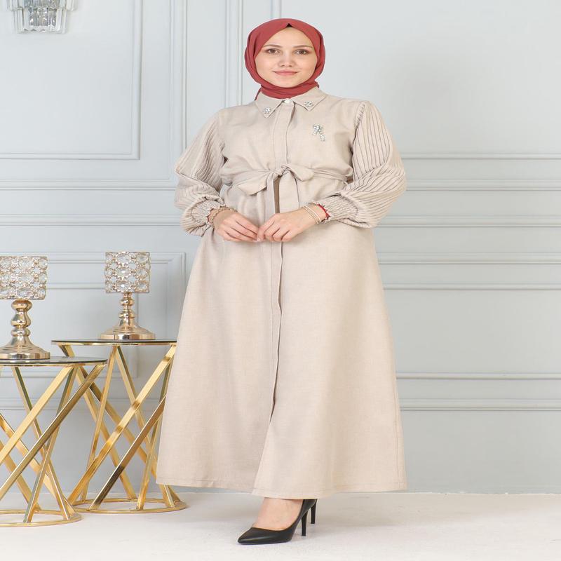Stone Detailed Zippered Abaya Beige 19208