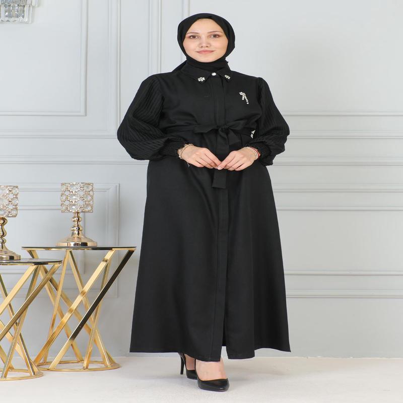 Stone Detailed Zippered Abaya Black 19208
