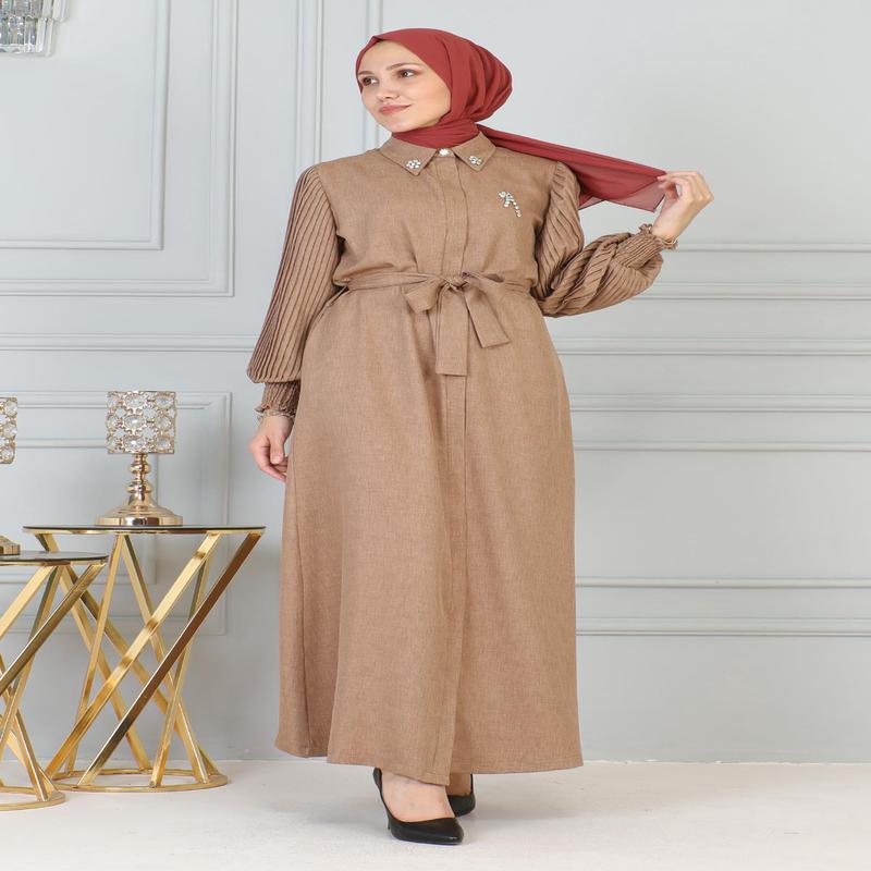 Stone Detailed Zippered Abaya, Tan 19208