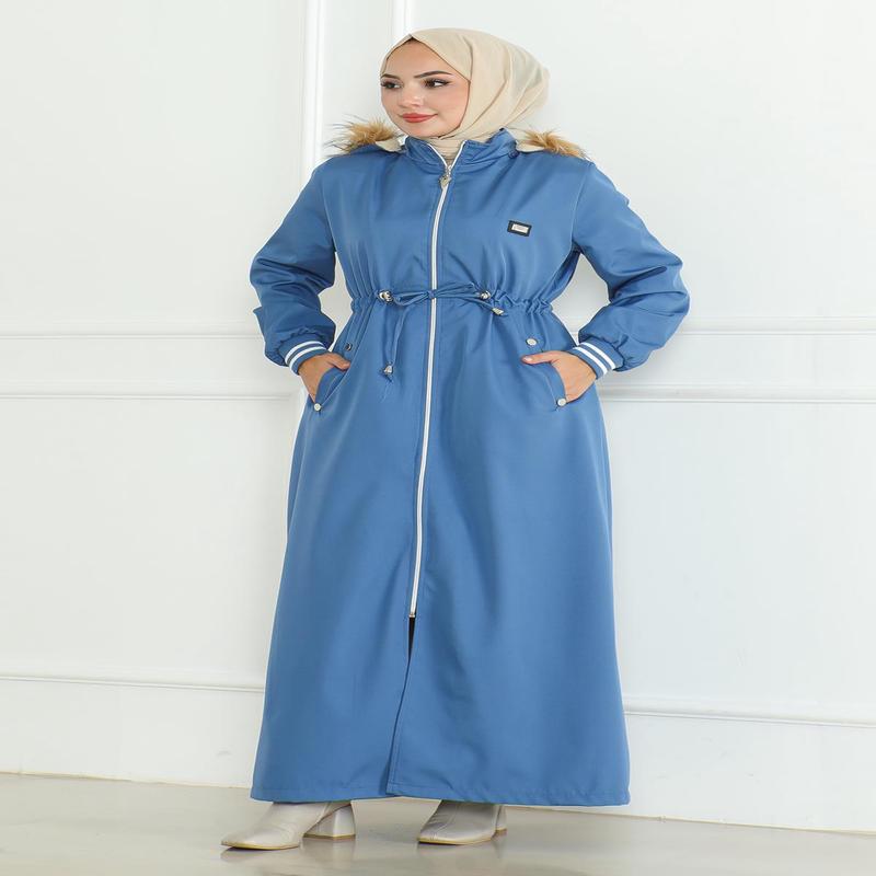 Tied Waist Ribbed Coat Blue 19215