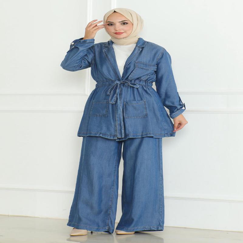 Waist-Tie Denim Suit Light Blue 19209
