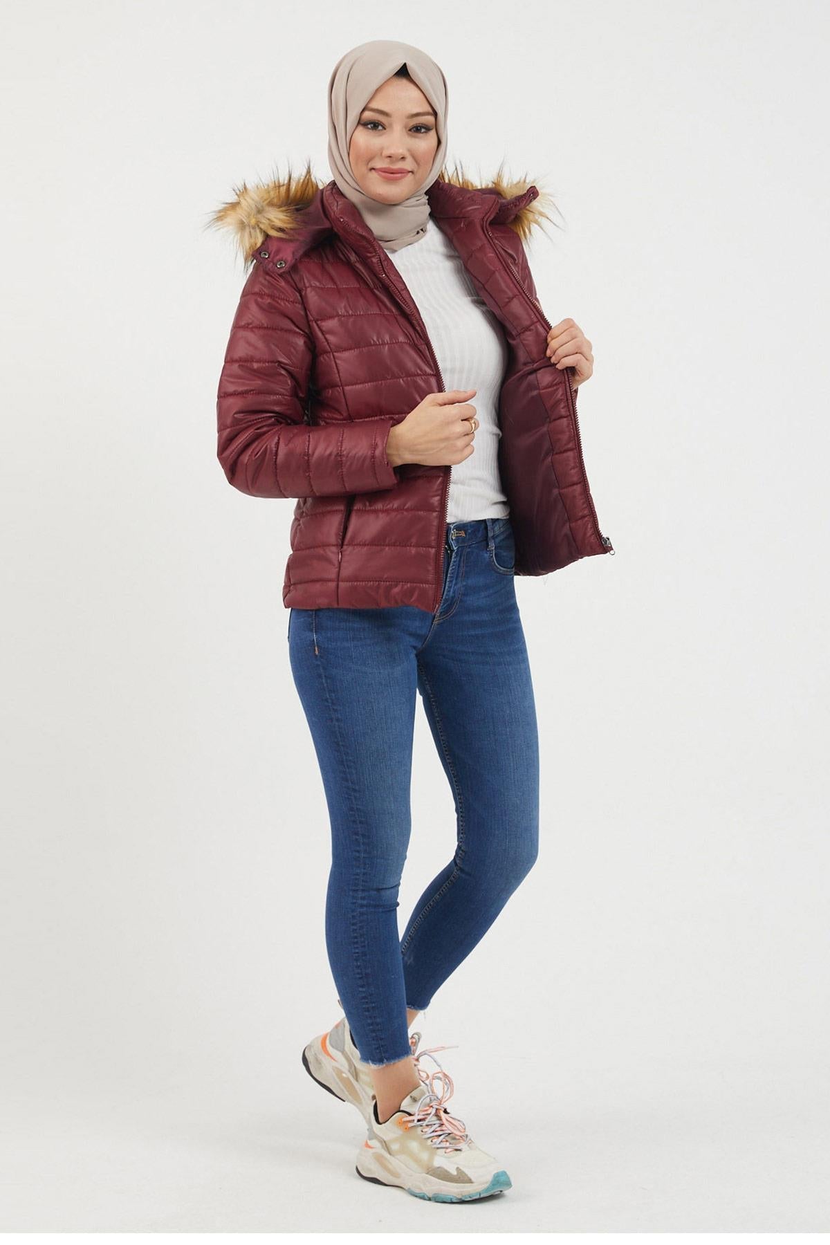 Hooded Short Quilted Coat Claret Red 12262