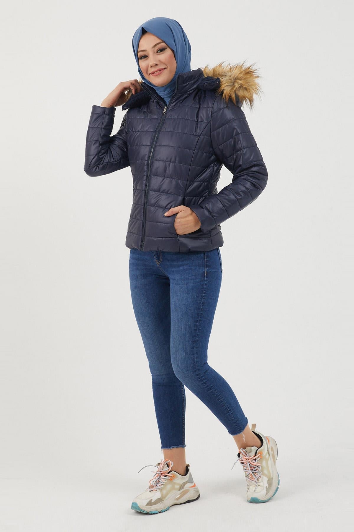 Hooded Short Quilted Coat Navy Blue 12262