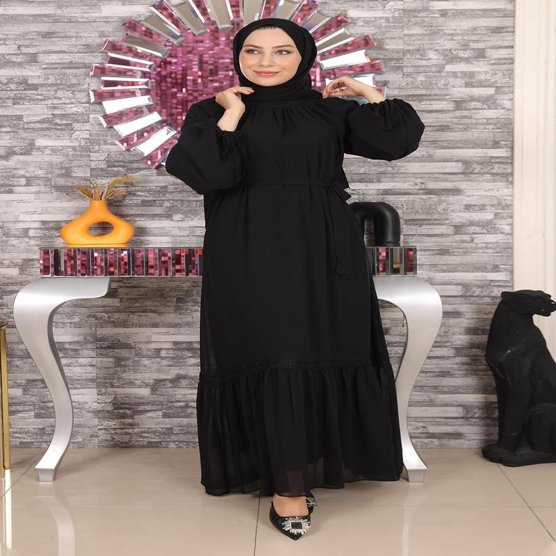 Lace Detailed Chiffon Evening Dress Black 19143