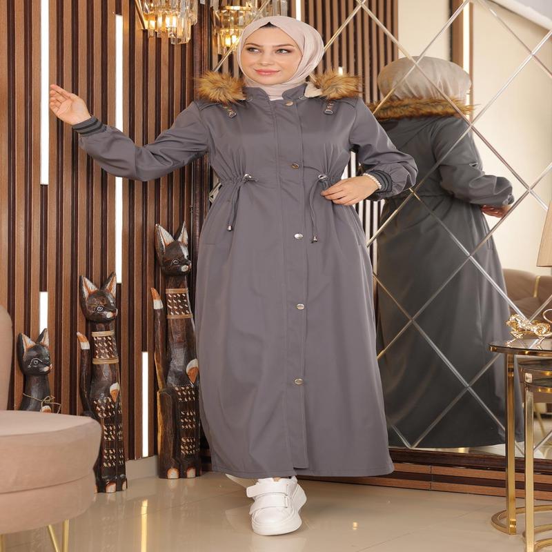 Large Size Hooded Ribbed Coat Gray 15500