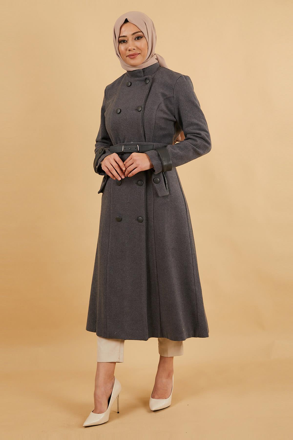 Leather Belted Cashmere Coat Gray 12261