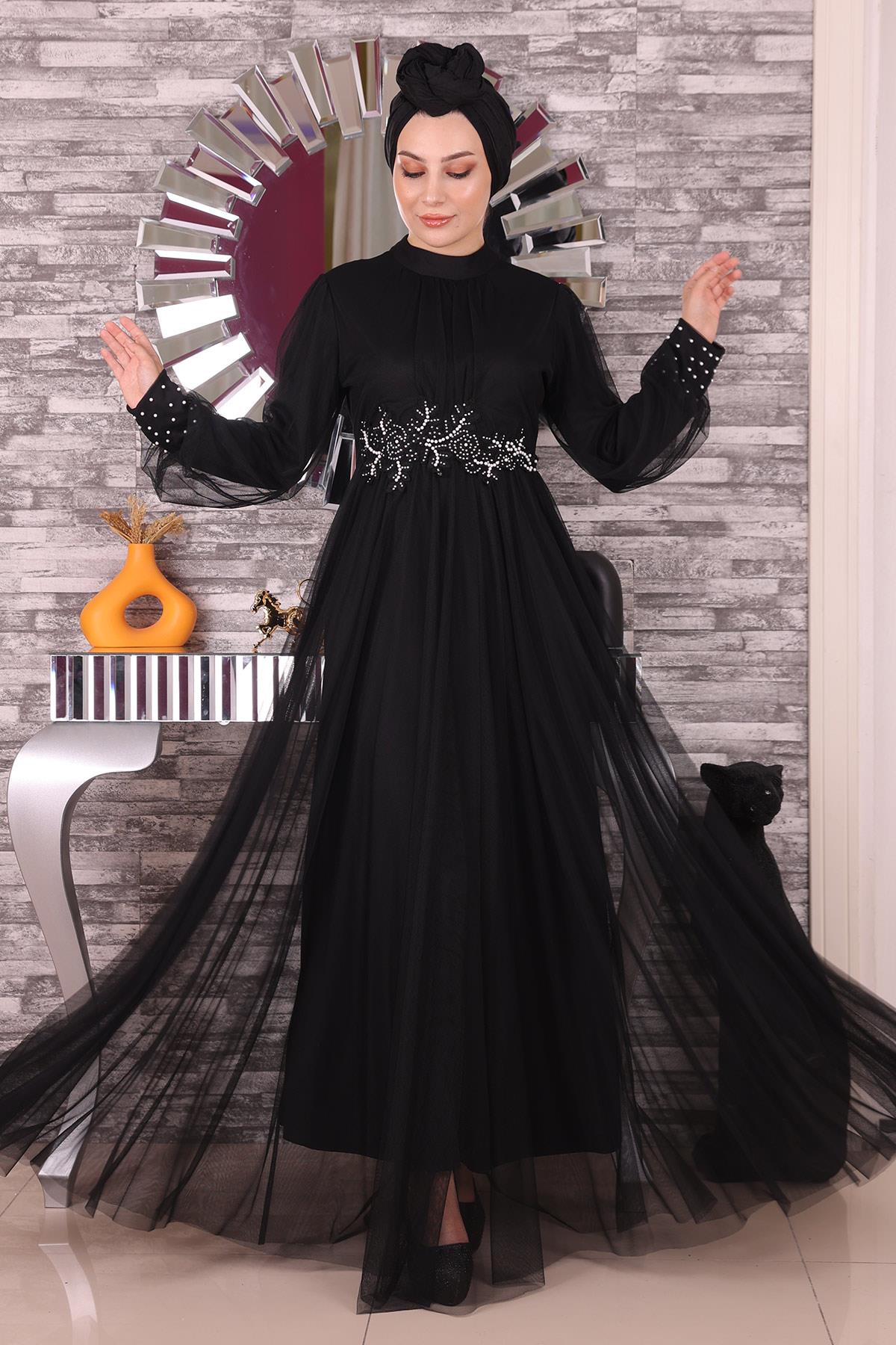 Pearl Lace Detailed Tulle Evening Dress Black 19199