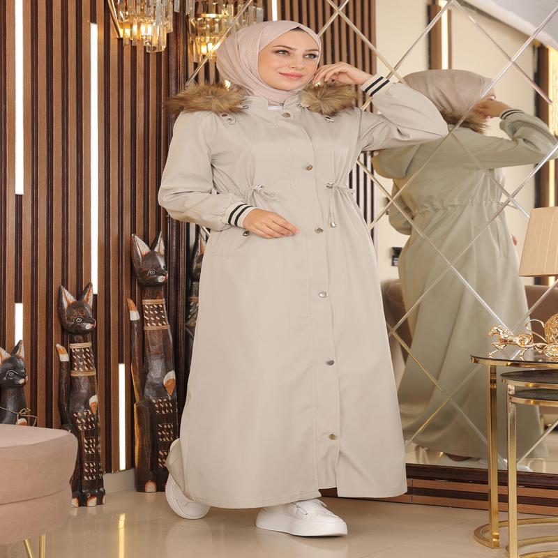 Plus Size Hooded Ribbed Coat Beige 15500