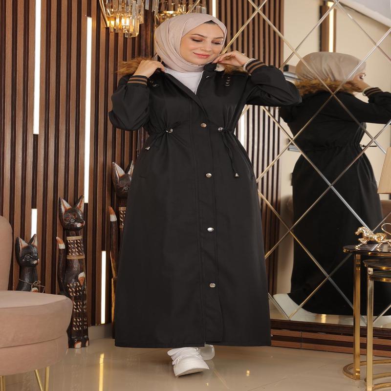 Plus Size Hooded Ribbed Coat Black 15500