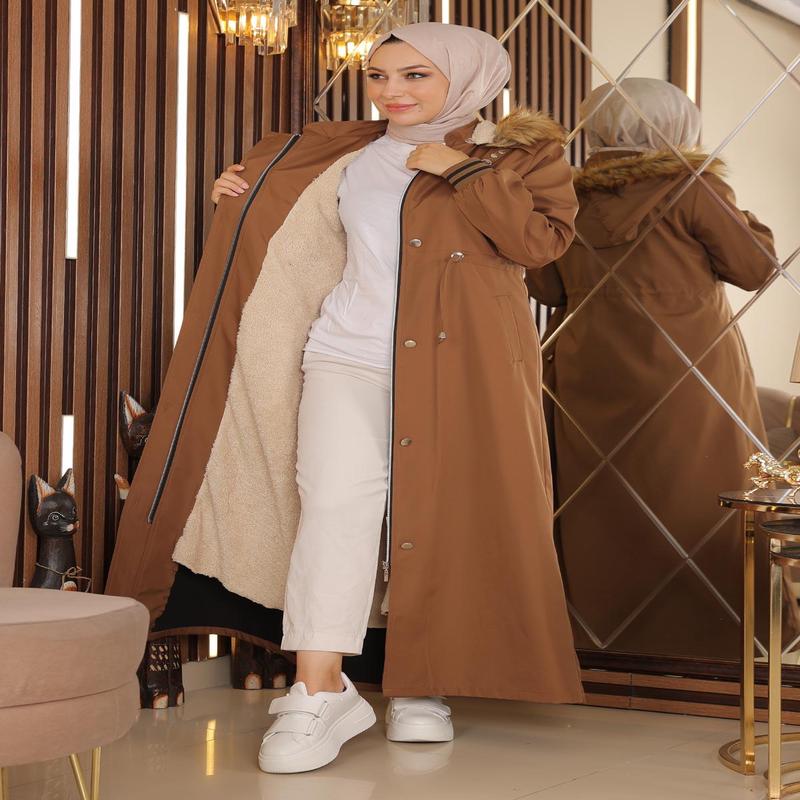 Plus Size Hooded Ribbed Coat Tan 15500