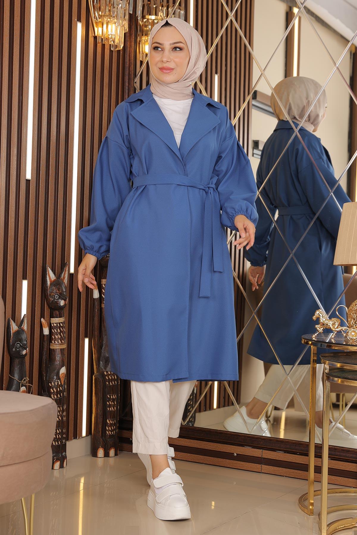 Wide Collar Belted Trench Coat Blue 19148