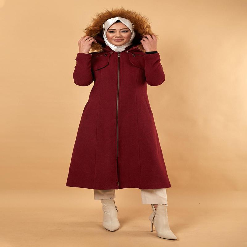 Zippered Hooded Cashmere Coat Claret Red 12265