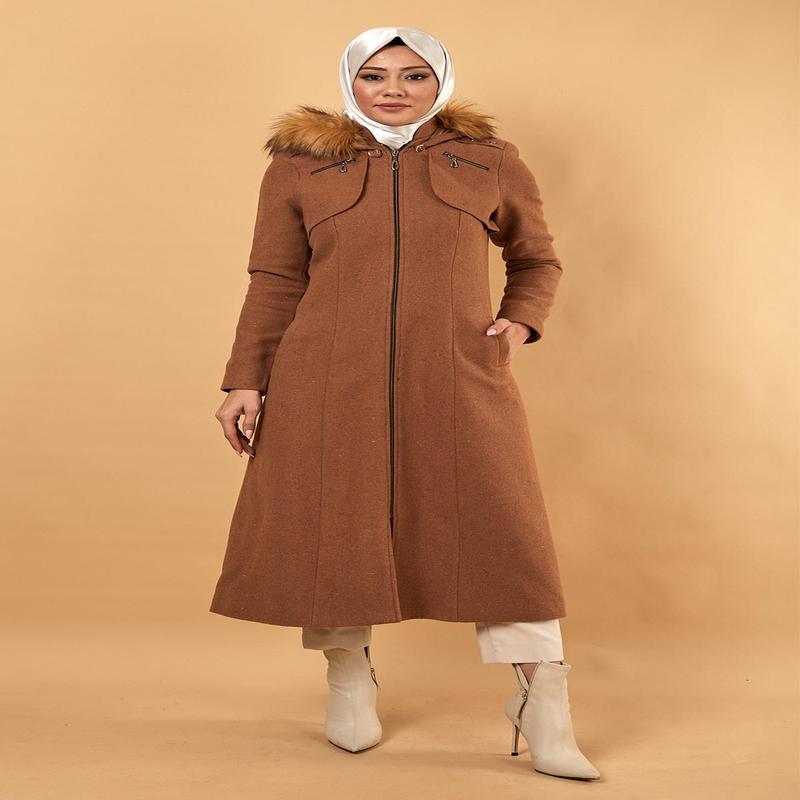 Zippered Hooded Cashmere Coat Tan 12265