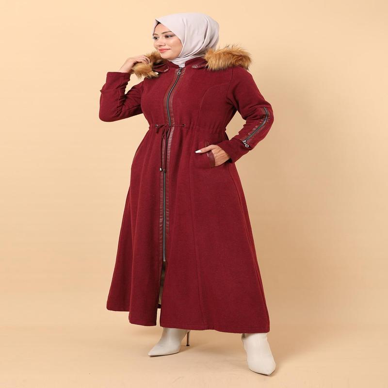 Zippered Leather Detailed Cashmere Coat Burgundy 12264