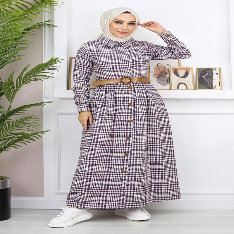 Button Detailed Dress Plum 19166