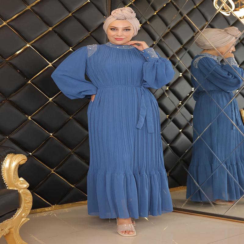 Pleated Stoned Chiffon Evening Dress Indigo 19154