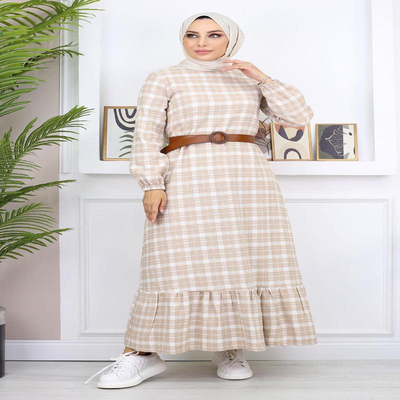 Ruffled Hijab Dress Beige 19165