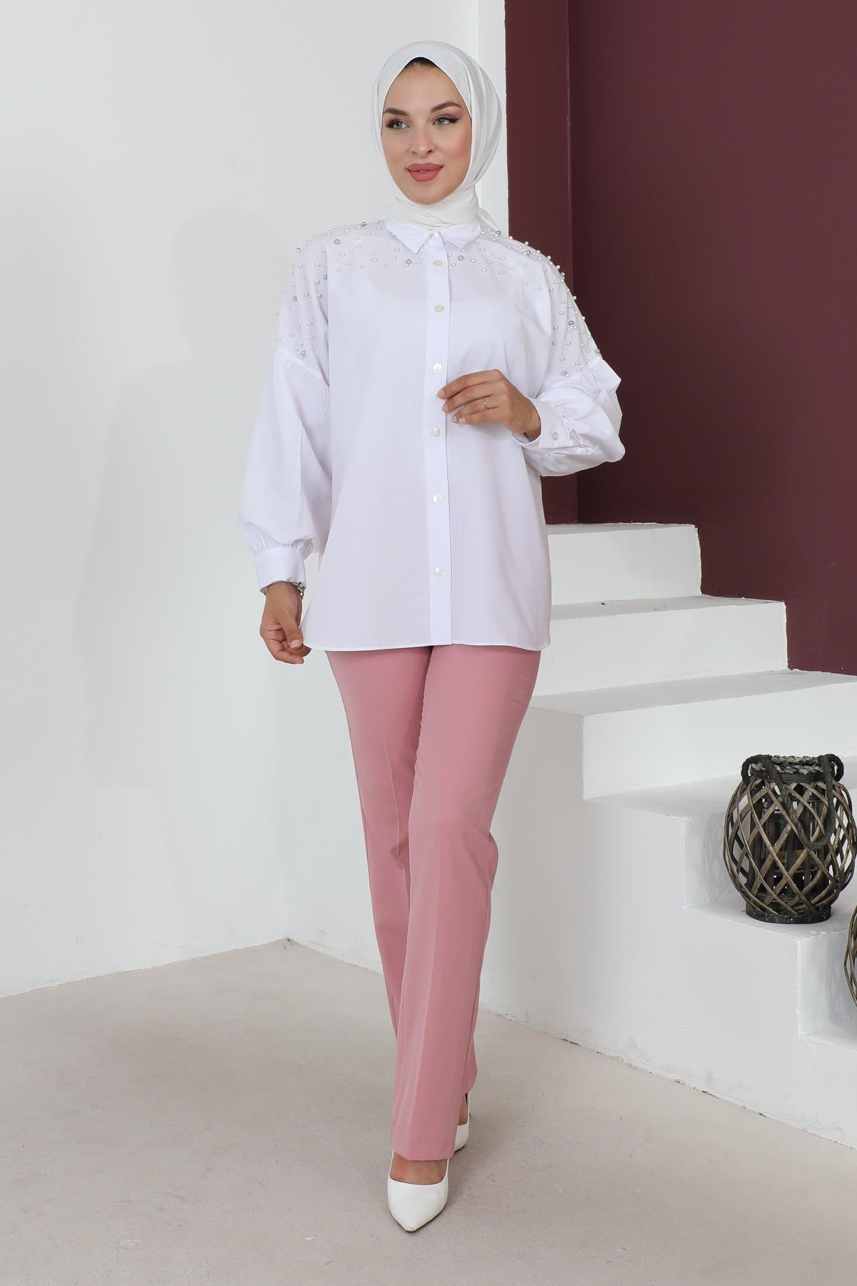 Striped Detailed Trousers Dusty Rose 6078