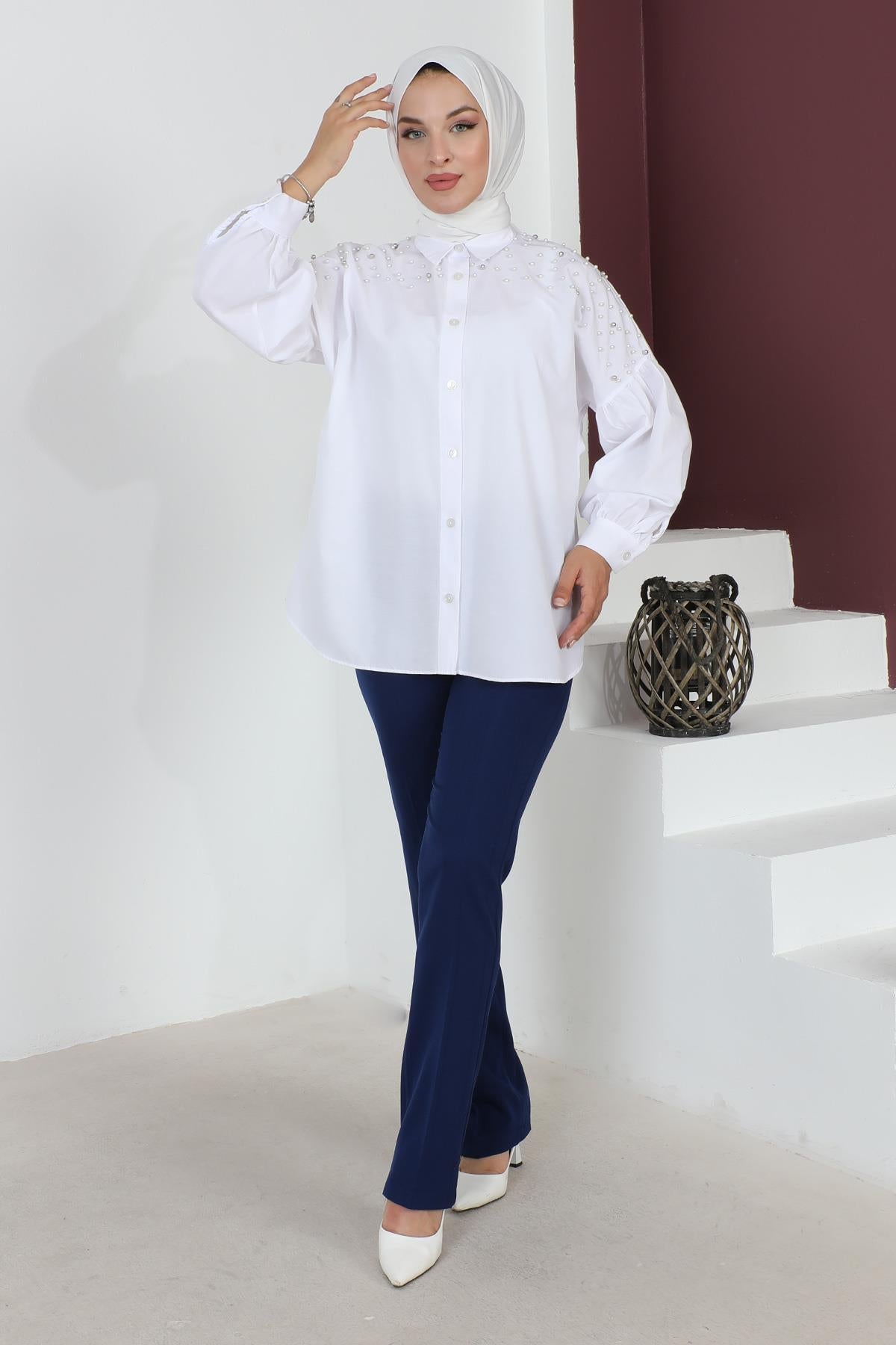 Striped Detailed Trousers Indigo 6078