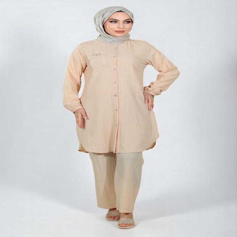 Buttoned Brooch Detailed Suit Beige 19178