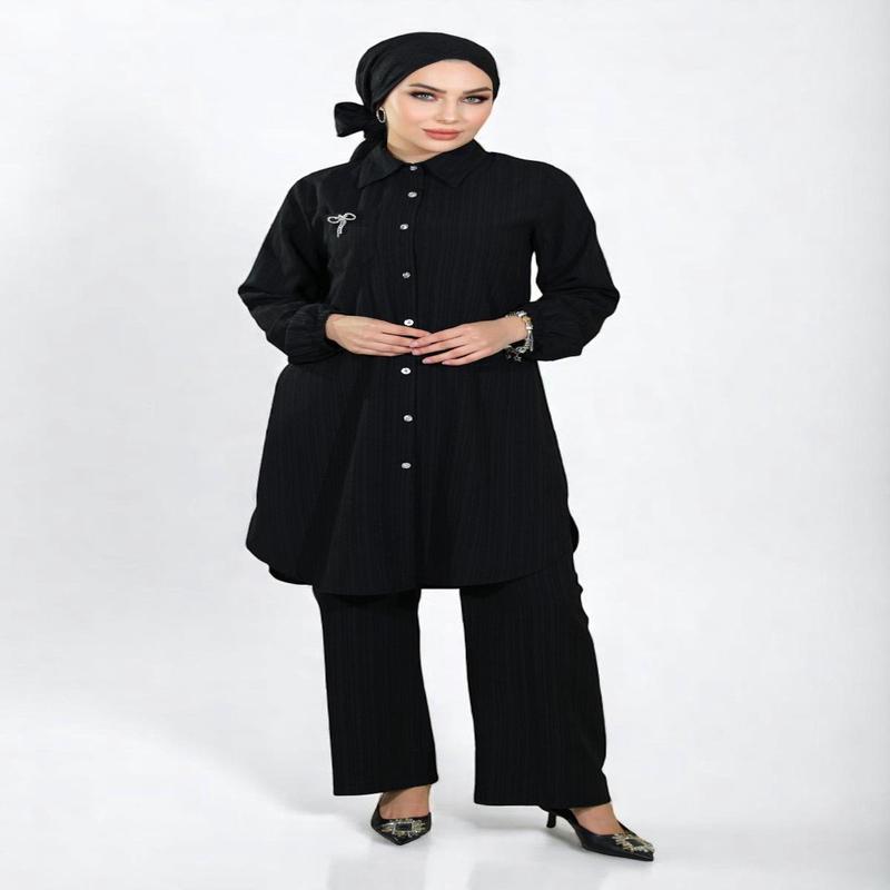 Buttoned Brooch Detailed Suit Black 19178