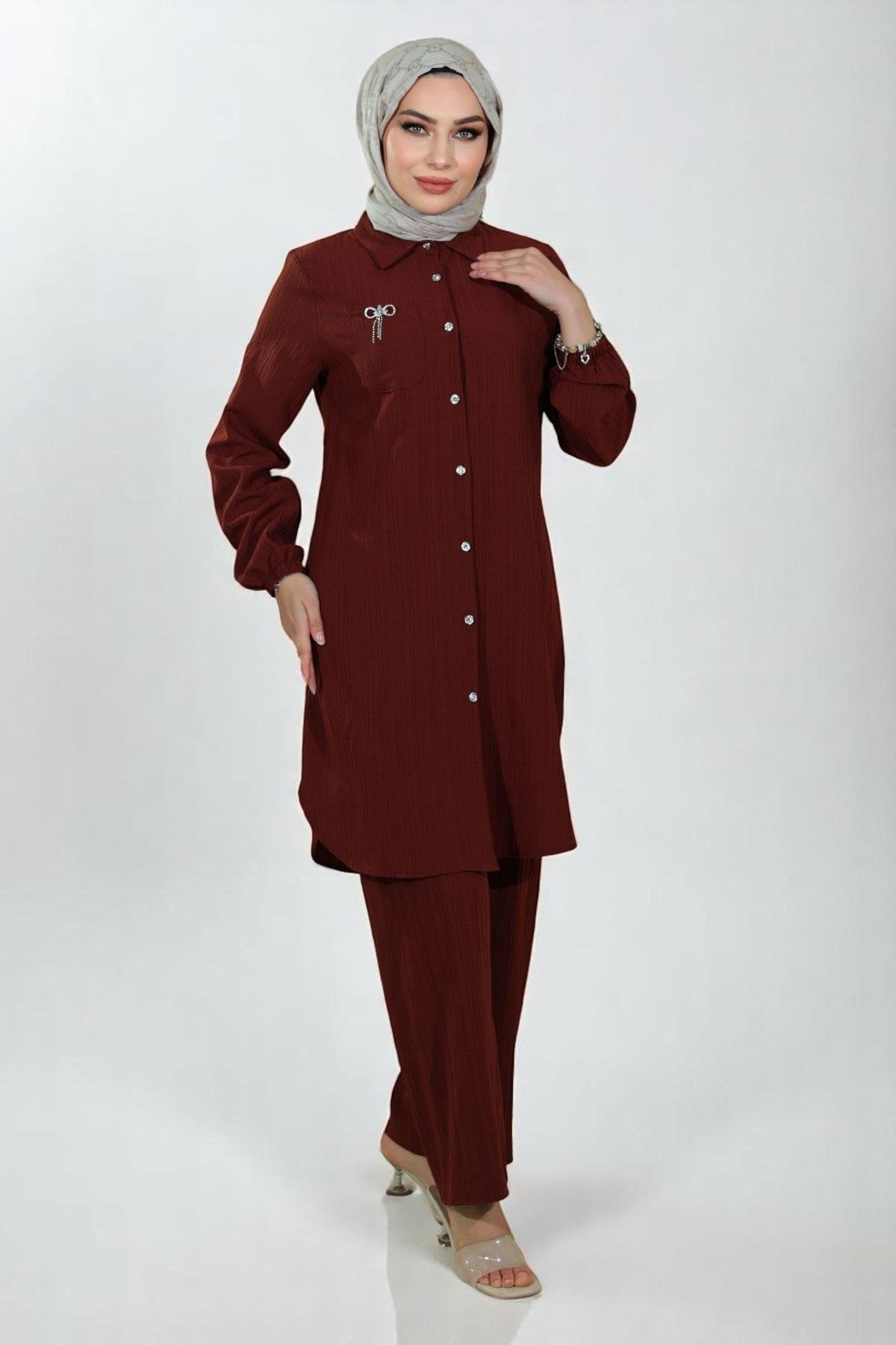 Buttoned Brooch Detailed Suit Brown 19178