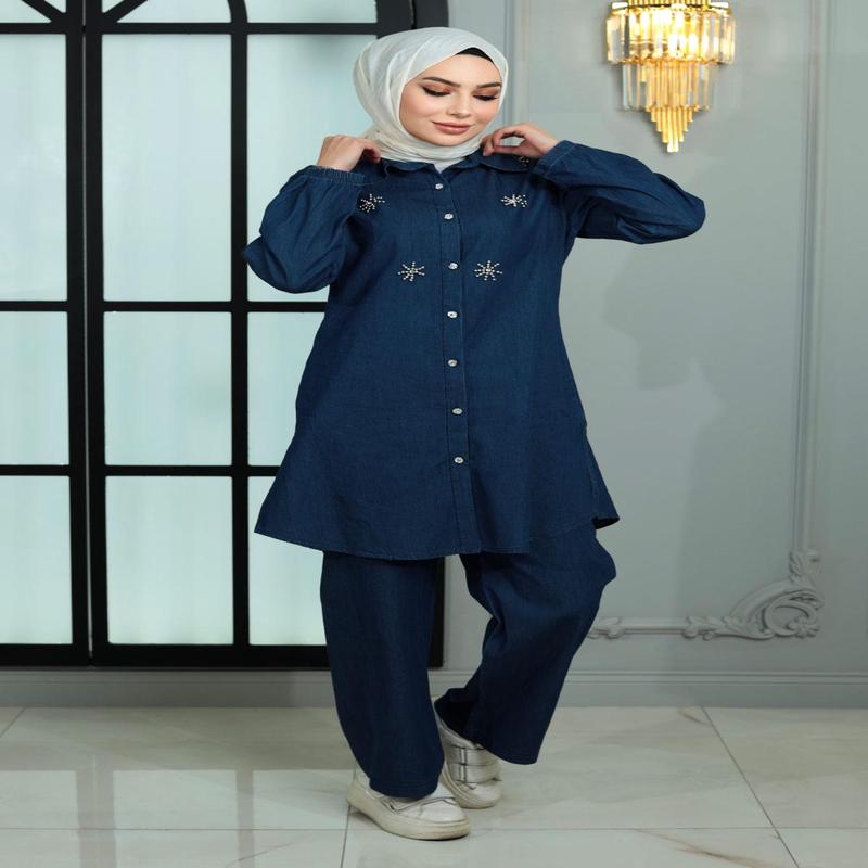 Buttoned Stone Detailed Denim Suit Dark Blue 19149