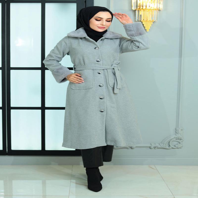 Fur Detailed Cashmere Coat Gray 19175