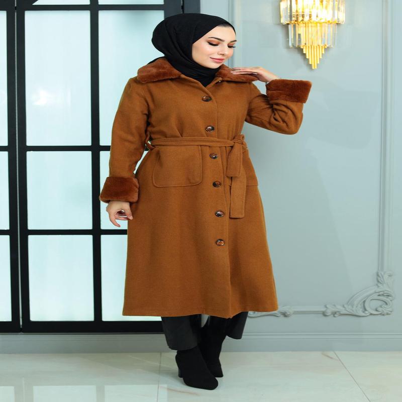 Fur Detailed Cashmere Coat Tan 19175