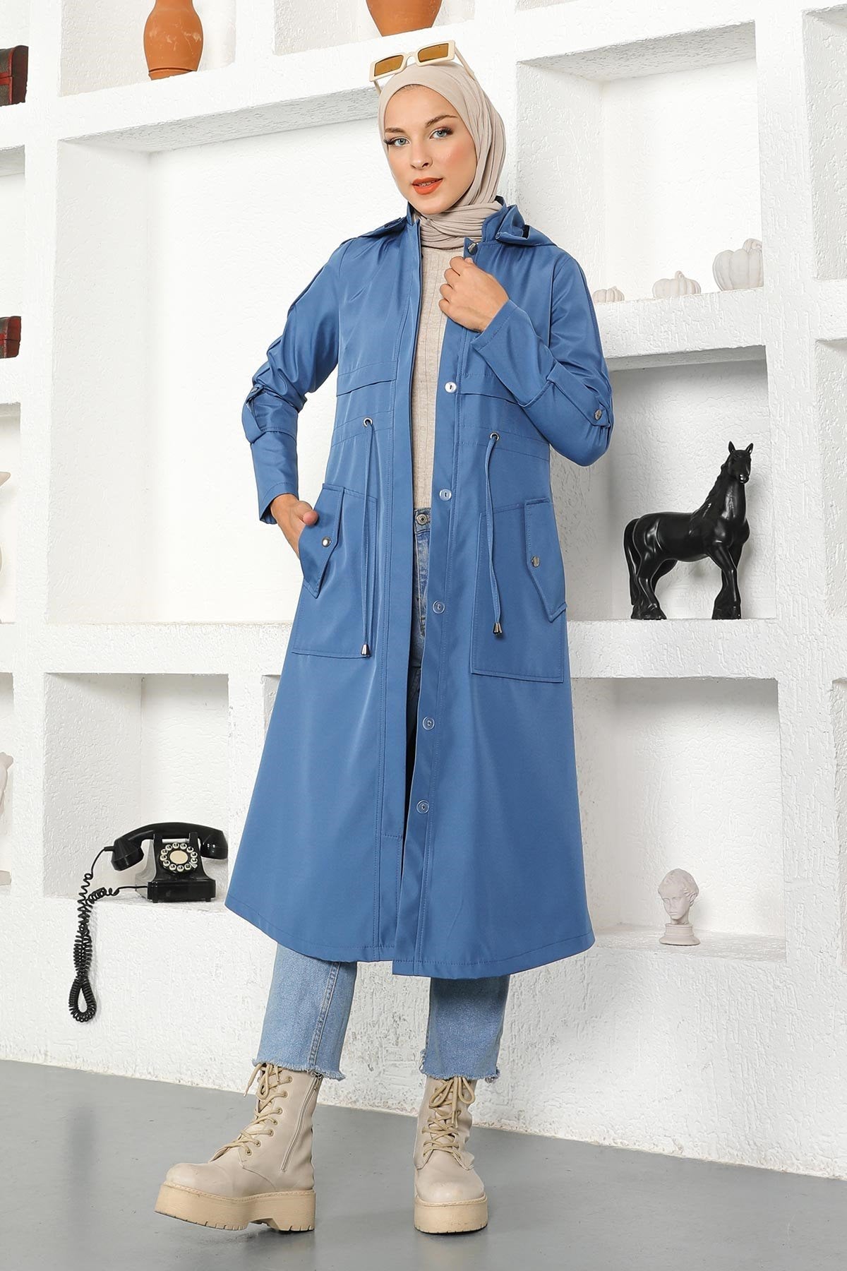 Hooded Trench Coat Blue 10744
