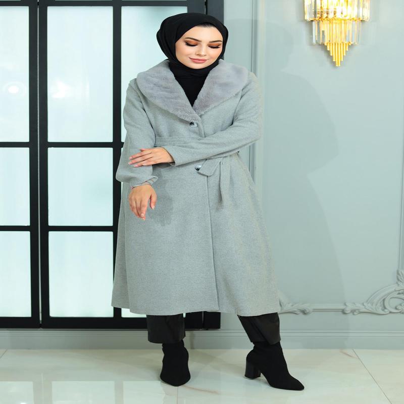 Wide Fur Collar Cashmere Coat Gray 19174