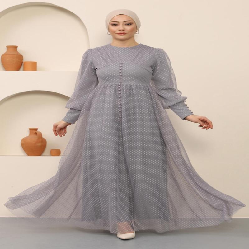Button Detailed Tulle Evening Dress Gray 12237