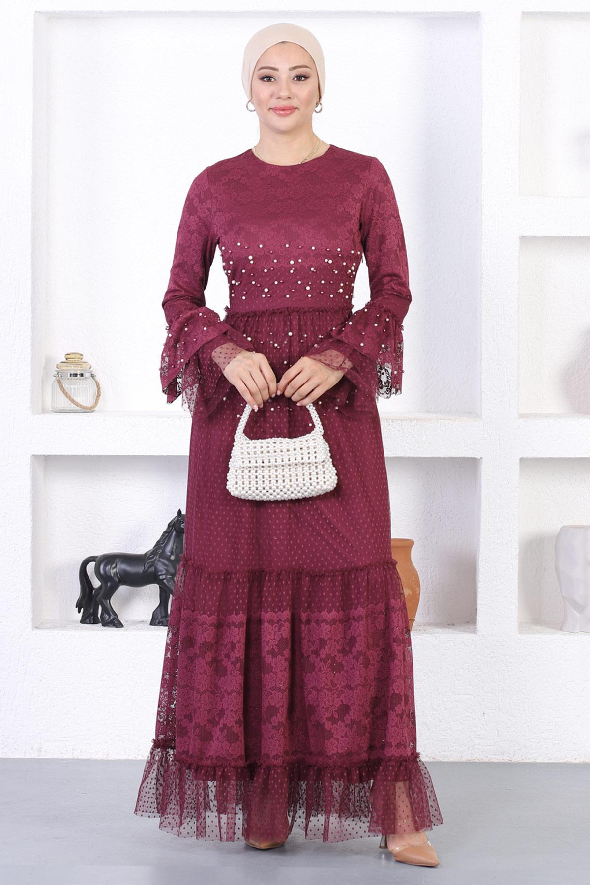 Pearl Lace Flounce Sleeve Evening Dress Burgundy 12213