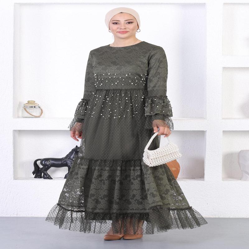 Pearl Lace Flounce Sleeve Evening Dress Khaki 12213