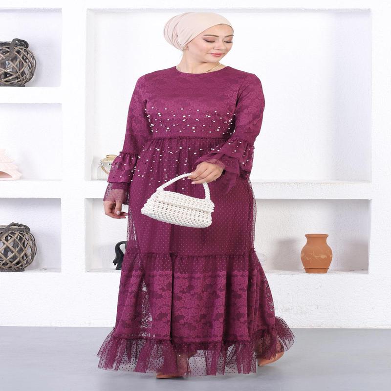 Pearl Lace Flounce Sleeve Evening Dress Plum 12213