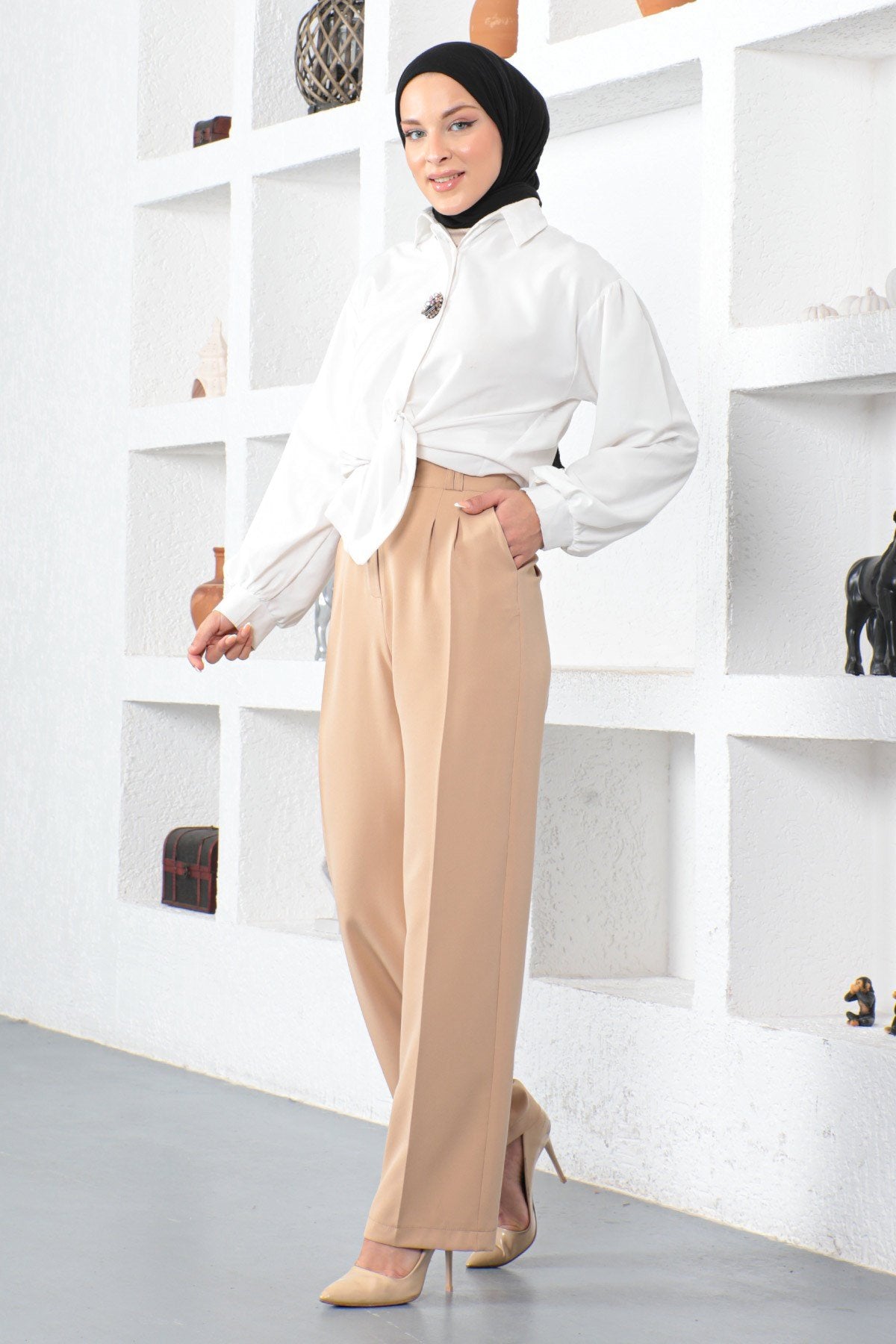 Wide Leg Fabric Trousers Beige 6056