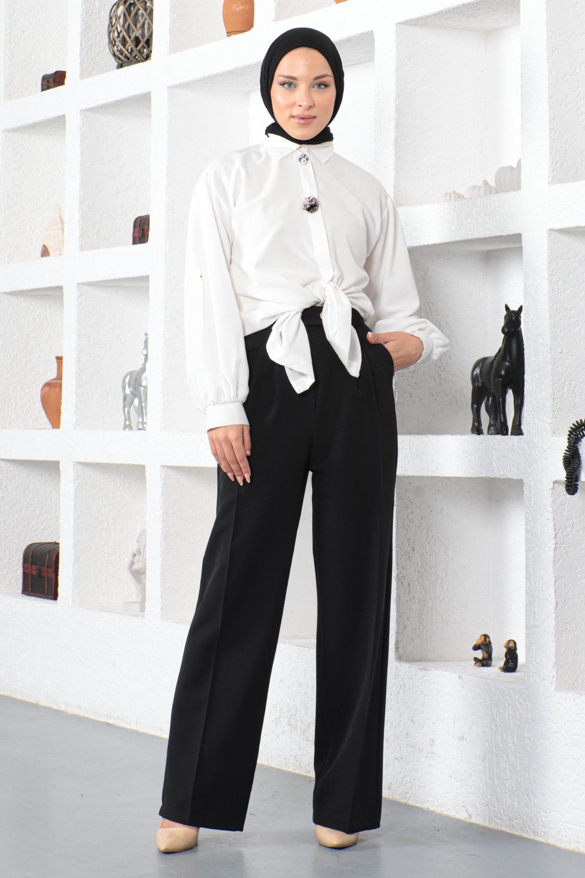 Wide Leg Fabric Trousers Black 6056