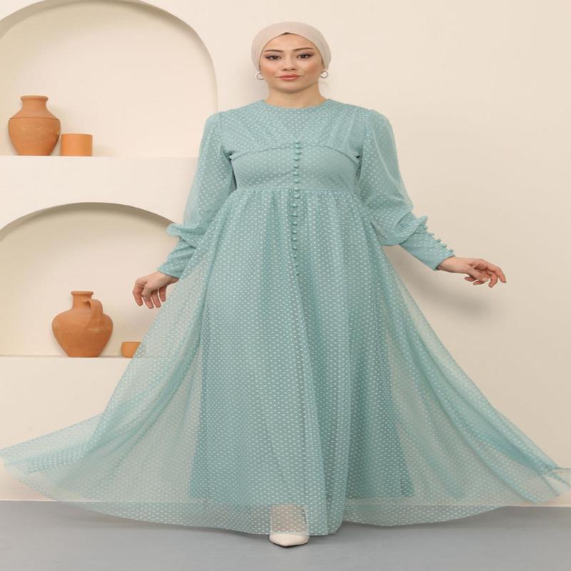 Button Detailed Tulle Evening Dress Mint 12237