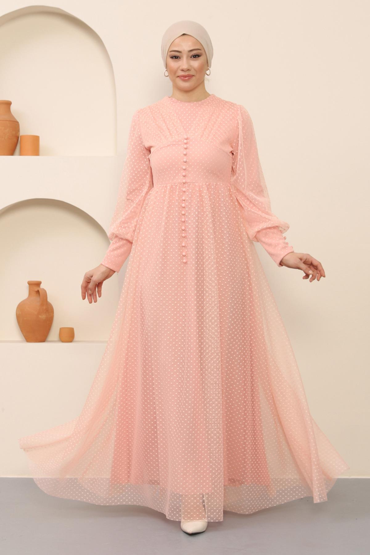 Button Detailed Tulle Evening Dress Powder 12237