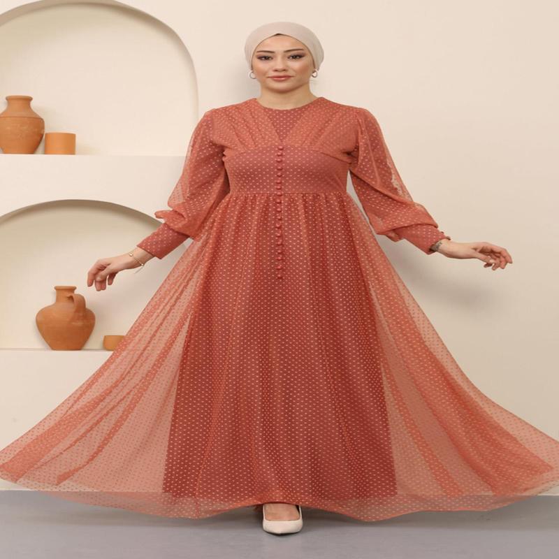 Button Detailed Tulle Evening Dress Salmon 12237