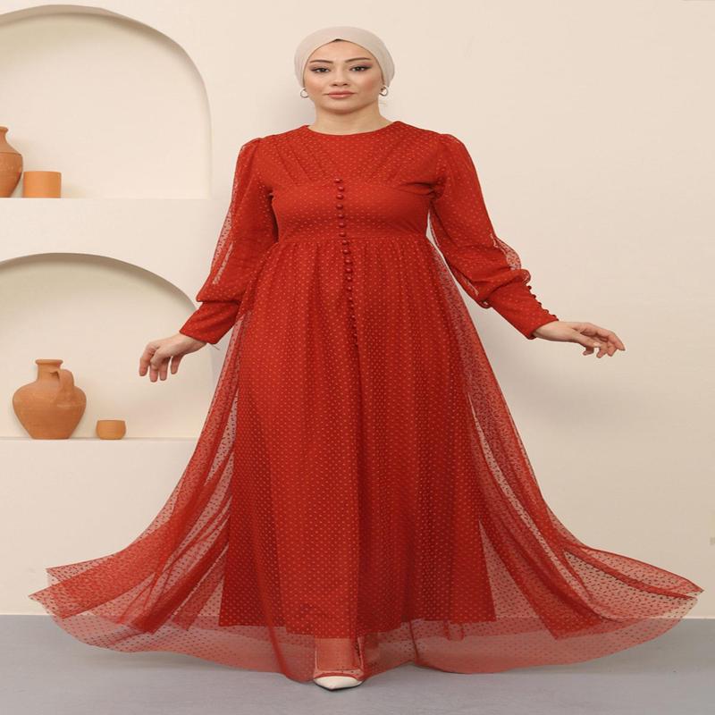 Button Detailed Tulle Evening Dress Tile 12237