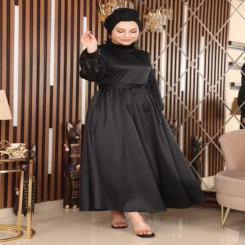 Feather Detailed Satin Evening Dress Black 19123