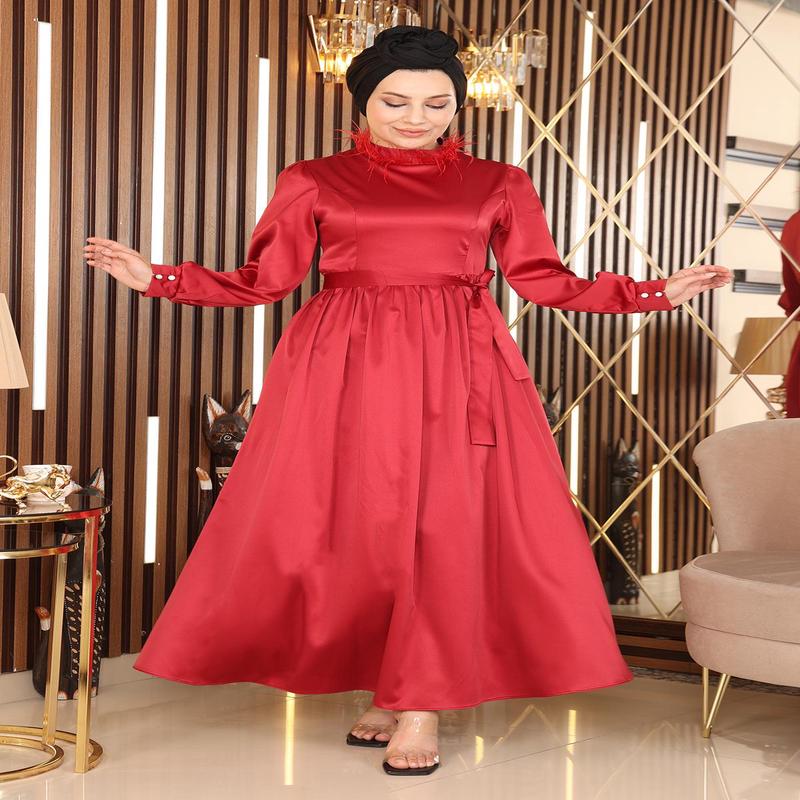 Feather Detailed Satin Evening Dress Red 19123