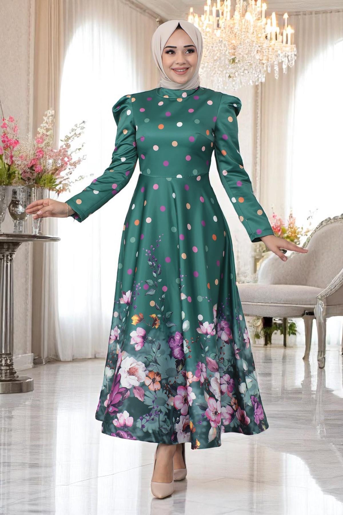 Floral Polka Dot Satin Evening Dress Emerald 12251