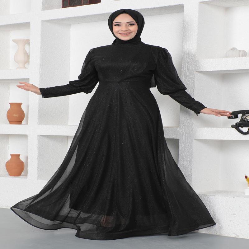 Glittery Evening Dress With Zipper Detail On The Cuff, Black 12253