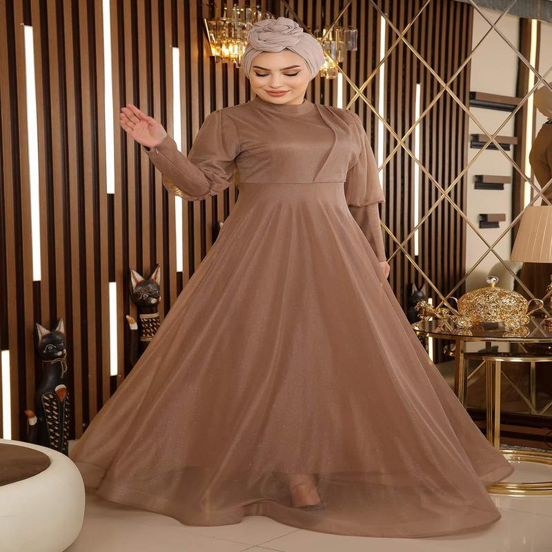 Glittery Evening Dress With Zipper Detail On The Cuff, Mink 12253