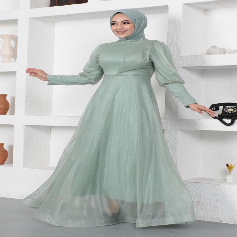 Glittery Evening Dress With Zipper Detail On The Cuff, Mint 12253